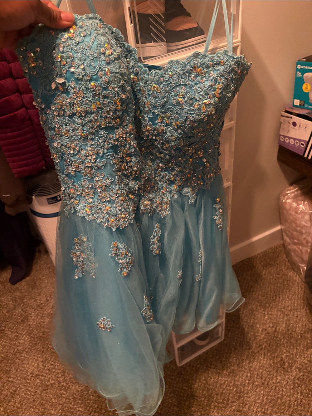 Girls Aqua Blue Embellished Lace & Tulle Party Dress